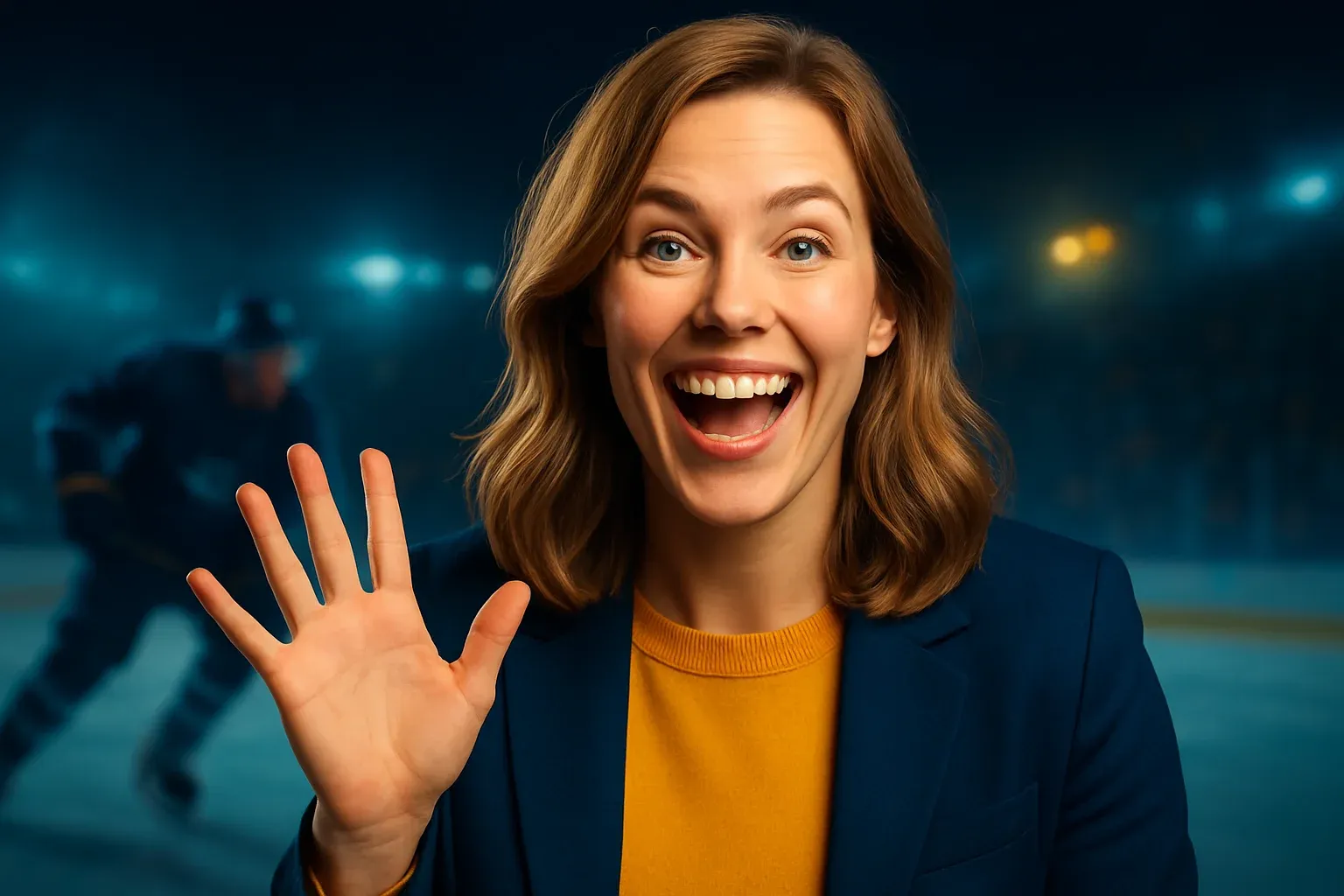 Professional high-resolution portrait of happy Finnish woman with dark blonde hair in contemporary outfit showing excitement with ice hockey stadium background